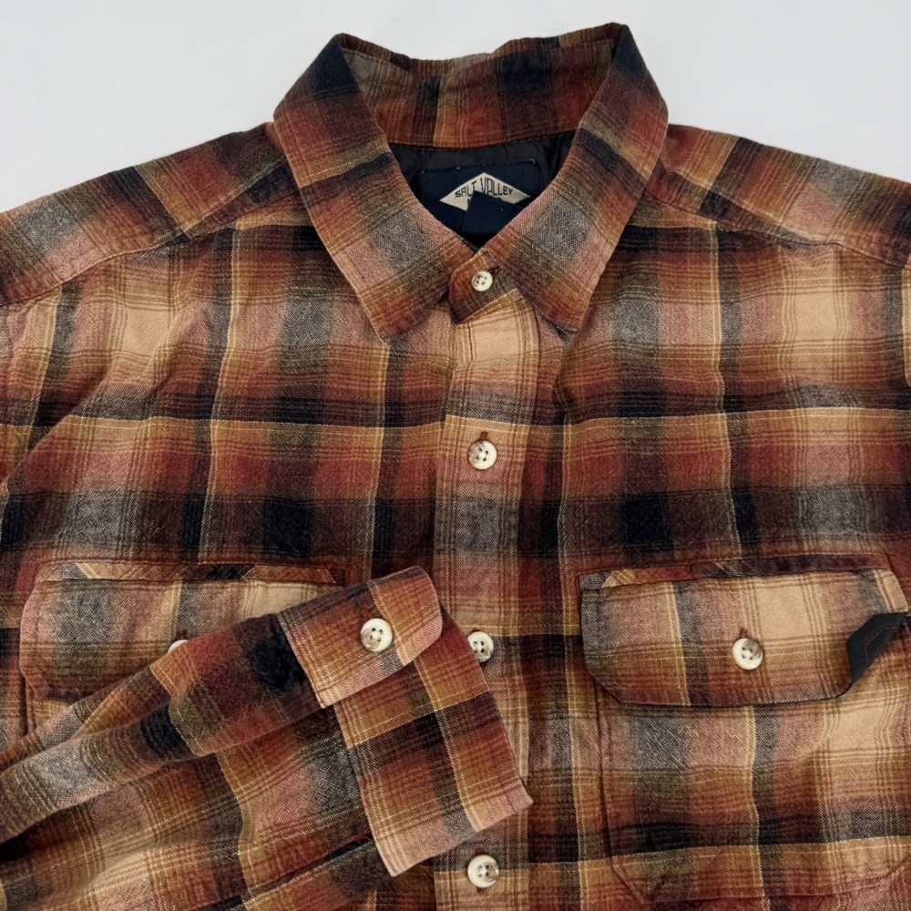 Salt Valley Mens Plaid Flannel Shirt Jacket Brown Orange Western Medium